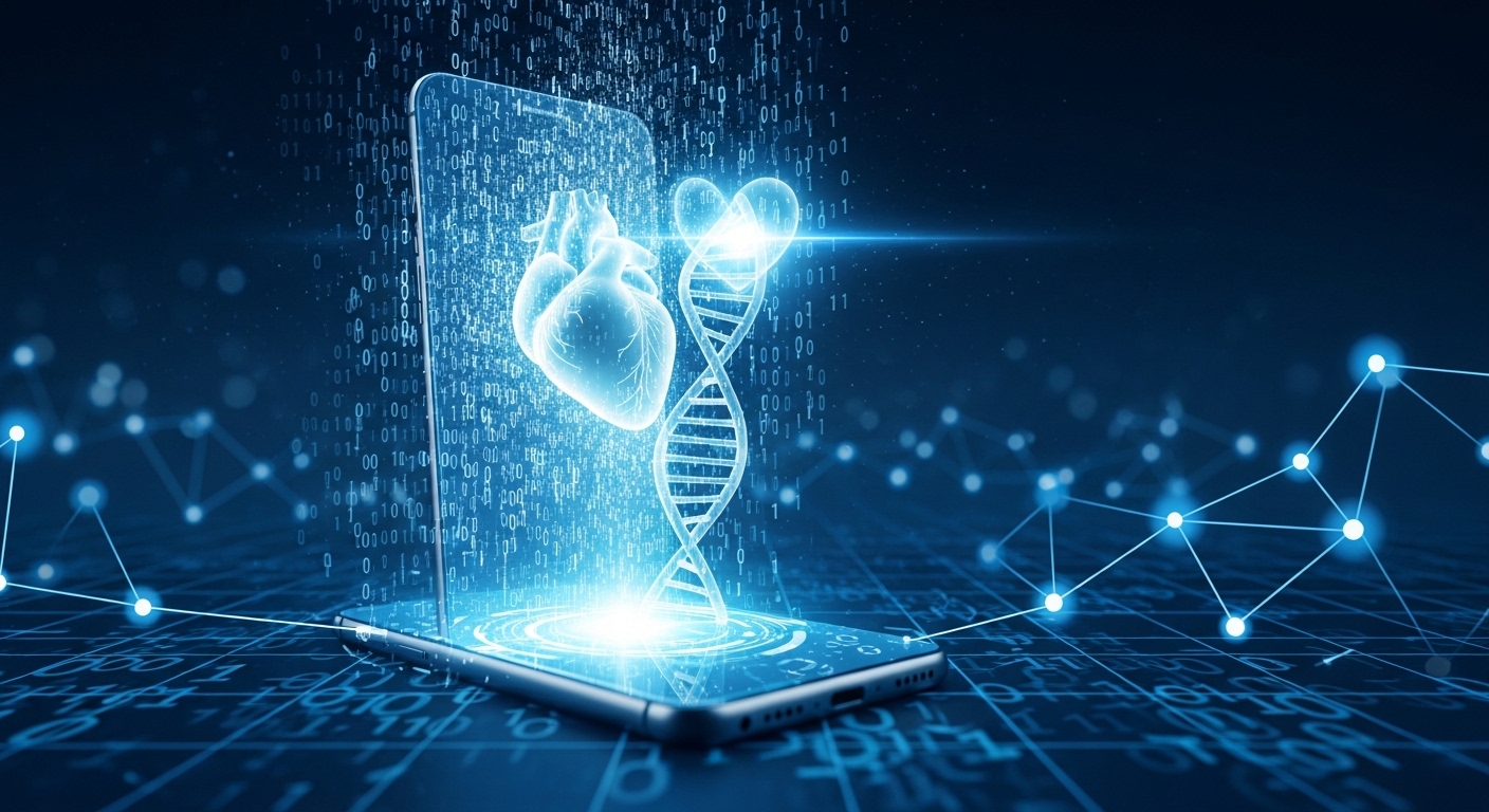 holographic projection of a human DNA strand and a glowing heart